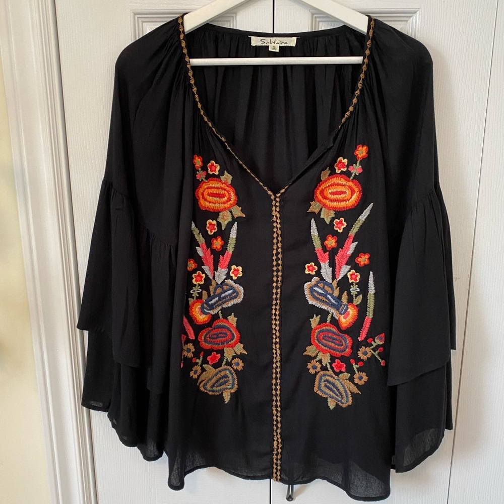 Solitaire Black Boho Embroidered V-Neck Blouse
